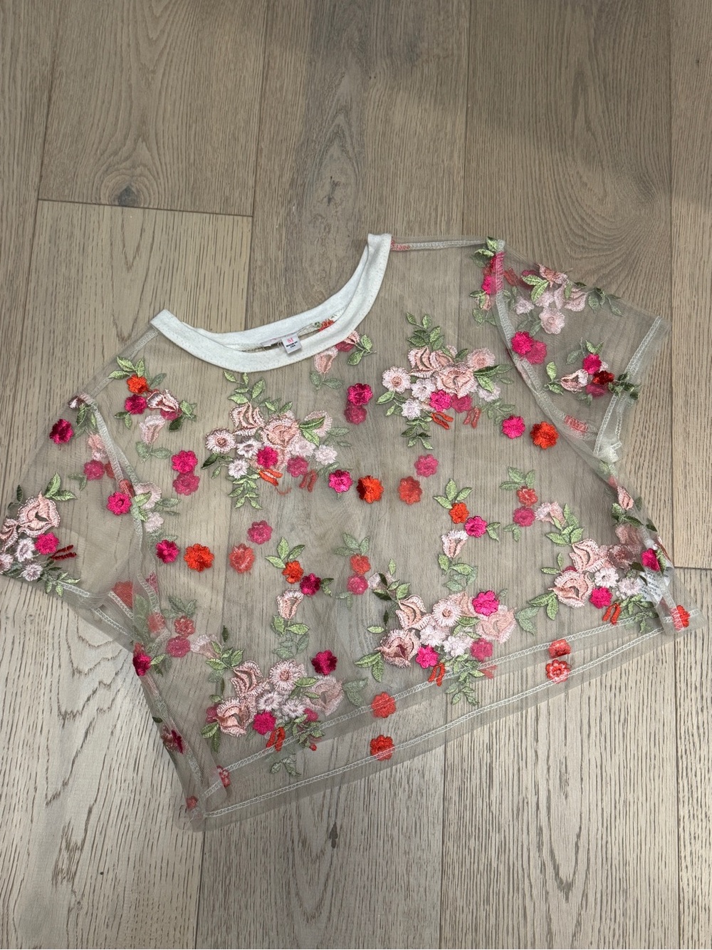 a'gaci Sheer Floral Embroidered Crop Top - Pink orange mesh see-through